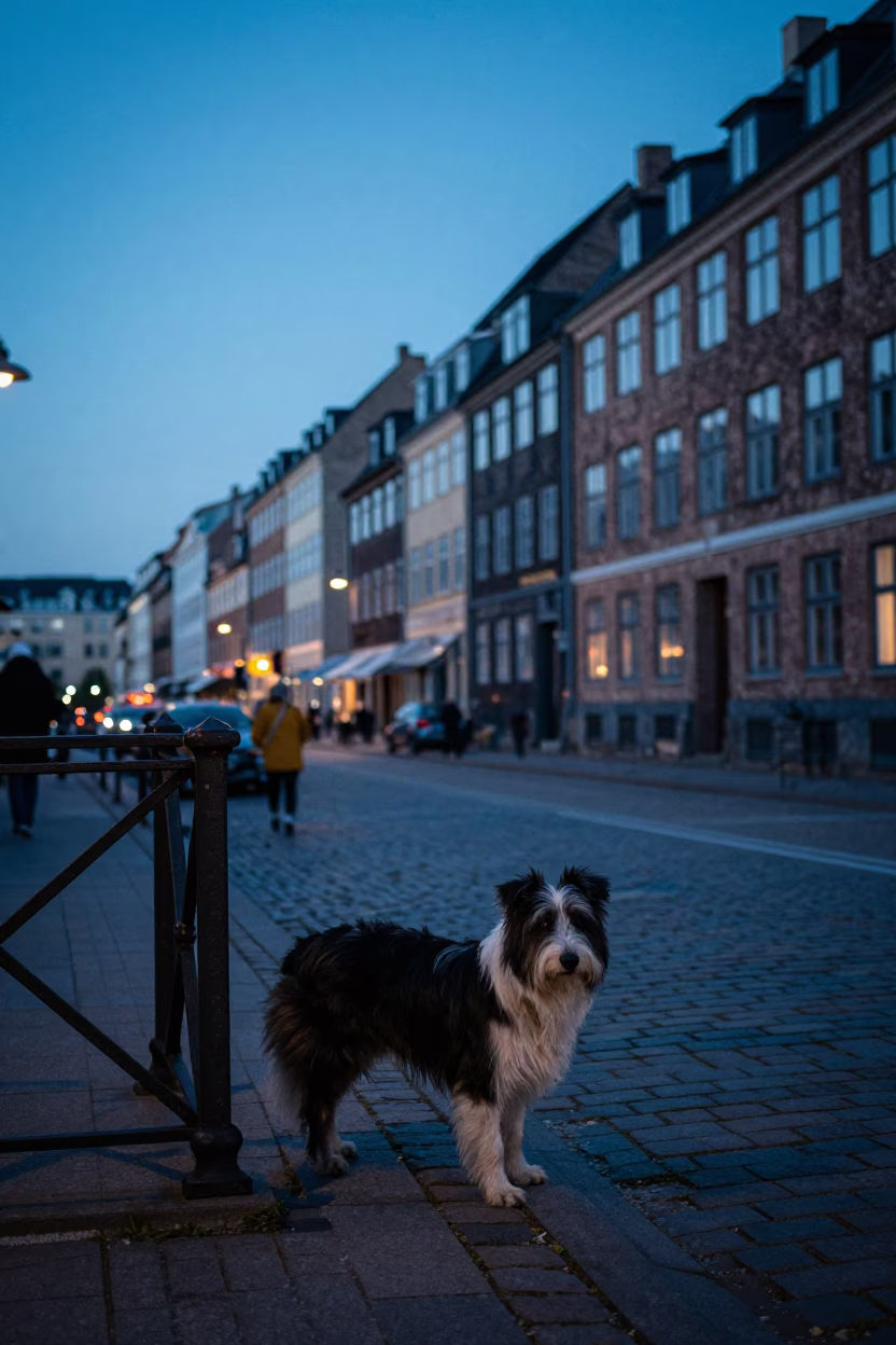 Blue Hour Copenhagen Street Scene with Bearded Collie and Urban Architecture in in Copenhagen, Denmark