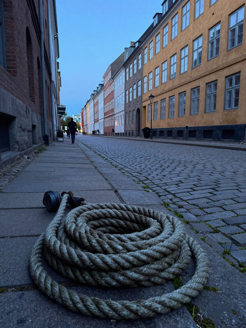 Blue Hour Copenhagen Street Scene with Coiled Rope and Urban Details in in Copenhagen, Denmark