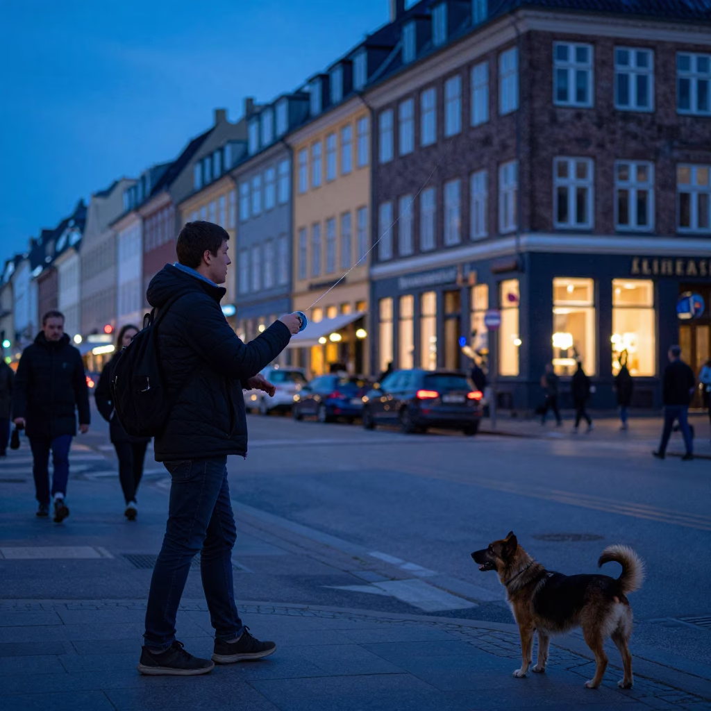 Blue Hour Copenhagen Street Scene with Danish-Swedish Farmdog and Kite Reel in in Copenhagen, Denmark