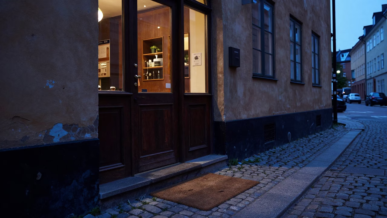Blue Hour Copenhagen Street Scene with Espresso and Doormat in in Copenhagen, Denmark