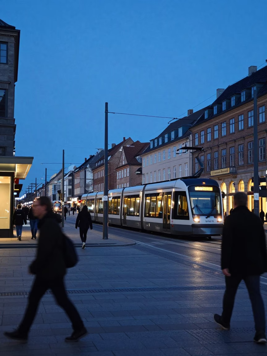 Blue Hour Copenhagen Street Scene with Monorail Reflection in Glass Skyscraper in in Copenhagen, Denmark