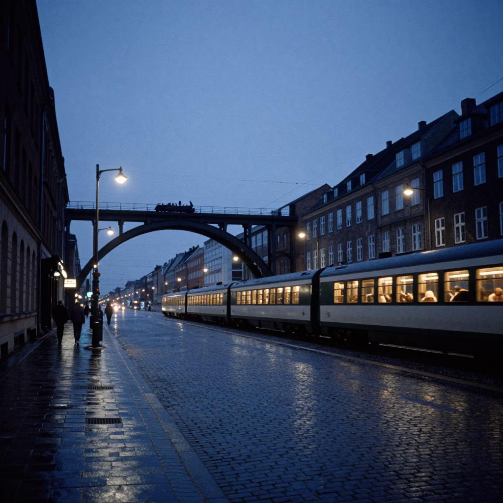 Blue Hour Copenhagen Street Scene with Railway Viaduct and Steam Train Crossing Arches in in Copenhagen, Denmark