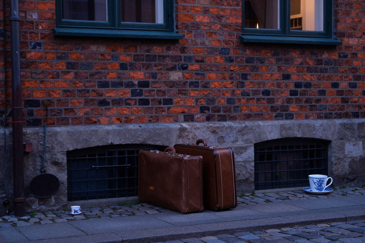 Blue Hour Copenhagen Street Scene with Suitcases and Ceramic Cup in in Copenhagen, Denmark