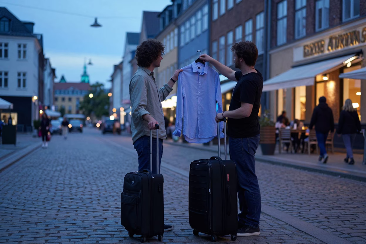 Blue Hour Copenhagen Street Scene with Suitcases and Hanger in in Copenhagen, Denmark