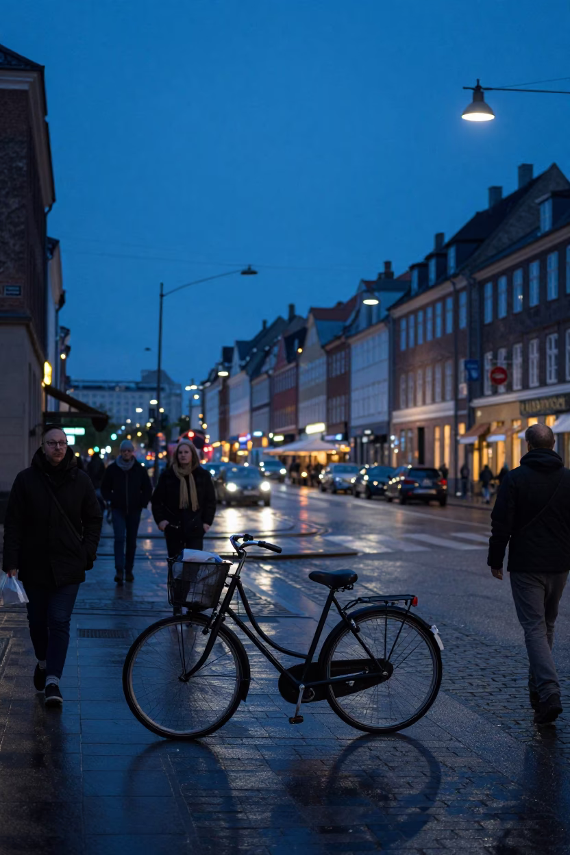 Blue Hour Copenhagen Street Scene with Vintage Bicycle and Pedestrians in in Copenhagen, Denmark