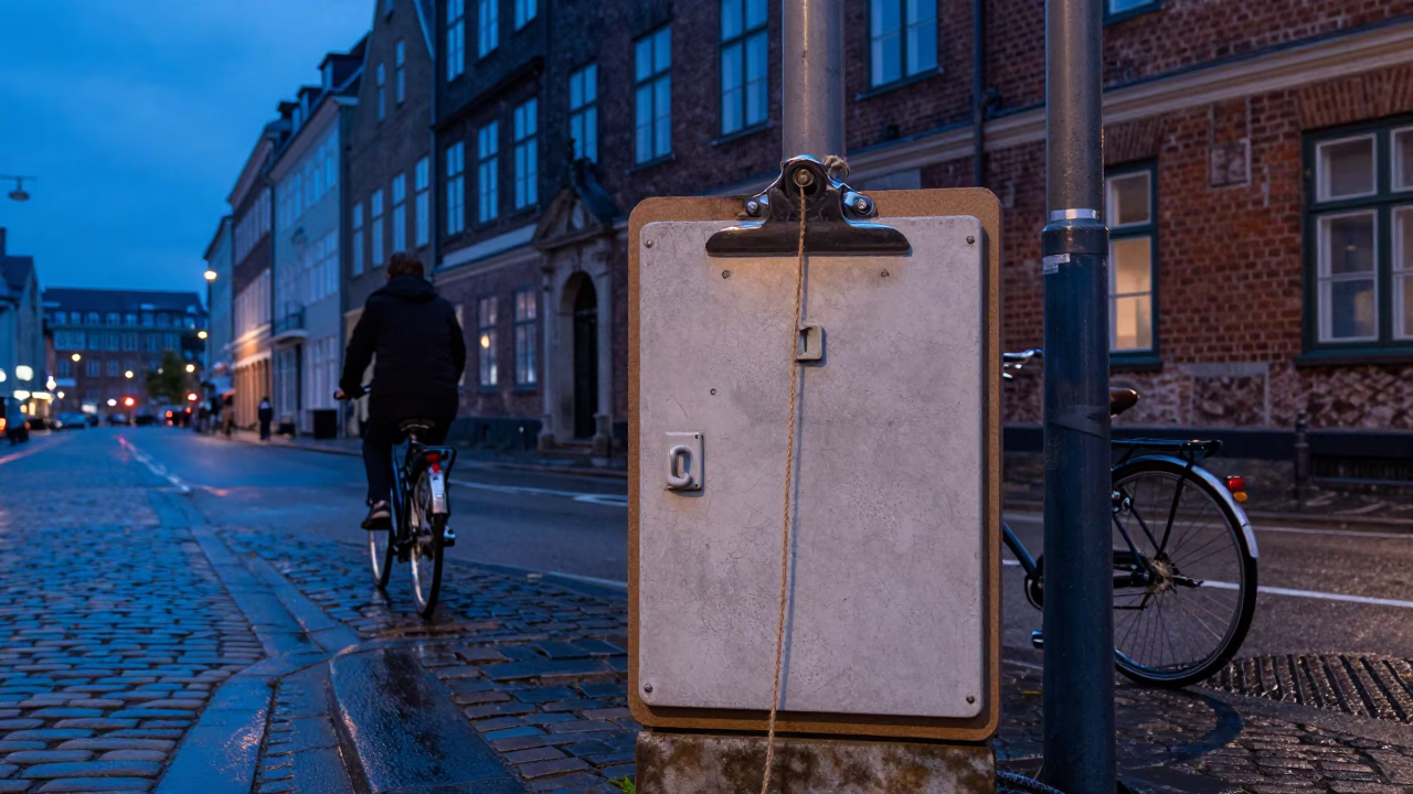 Blue Hour Copenhagen Street Scene with Vintage Clipboard and Twine Details in in Copenhagen, Denmark