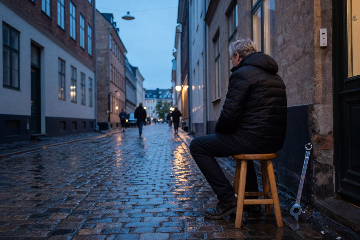 Blue Hour Copenhagen Street Scene with Wooden Stool and Socket Wrench in in Copenhagen, Denmark
