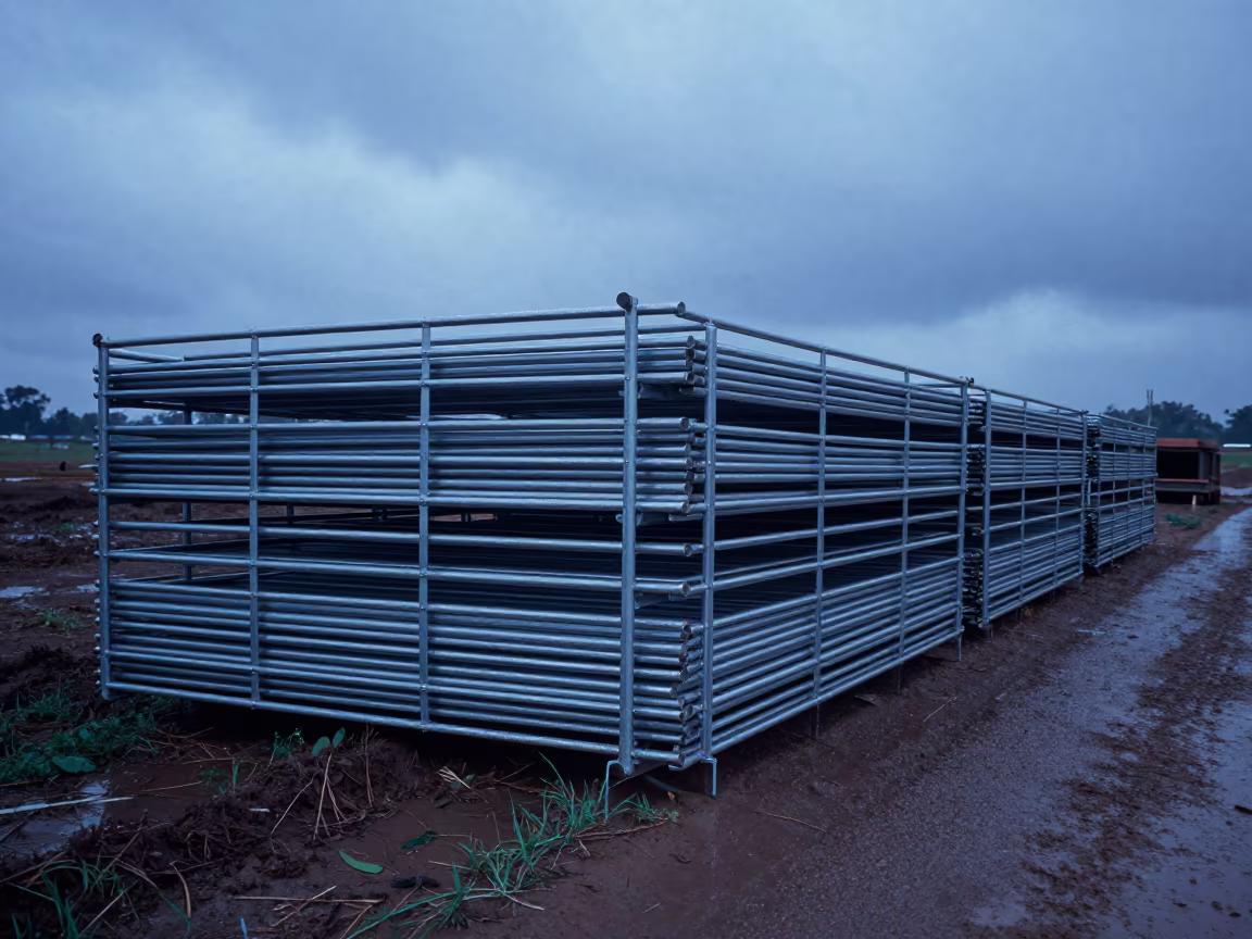 Blue Hour Corral Panels Congo Feedlot in along a feedlot lane in Congo