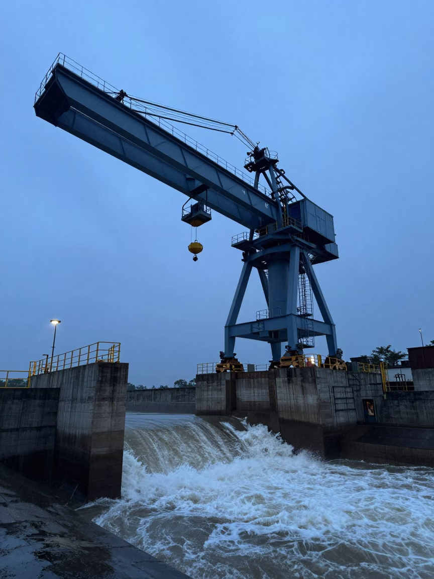 Blue Hour Crane Over Monsoon Spillway Water in along a dam spillway near Banfora