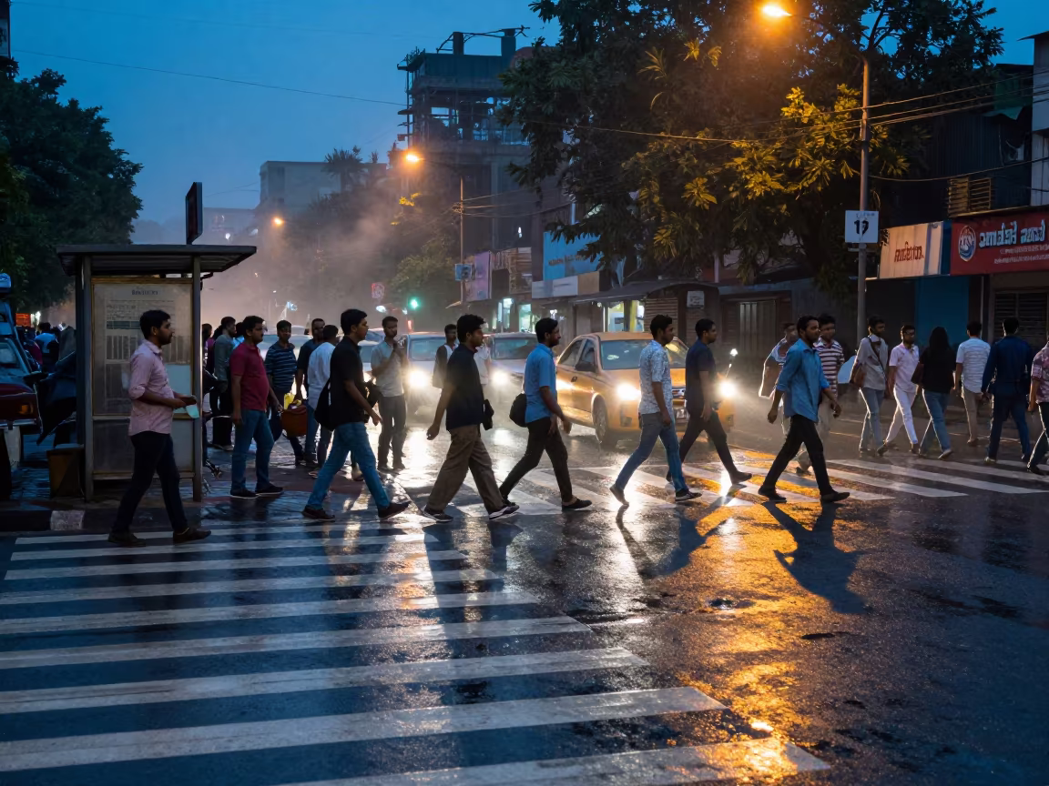 Blue Hour Crosswalk Reflections Pakpattan Rain in beside a steamed-up bus shelter in Pakpattan