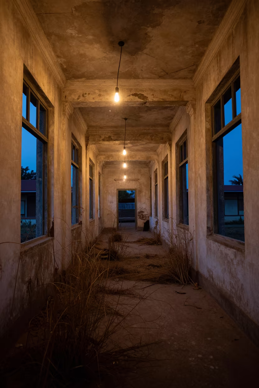 Blue Hour Decay in Lashio Colonial Barracks Hall in inside a barracks hall with broken windows and drifting dust near Lashio