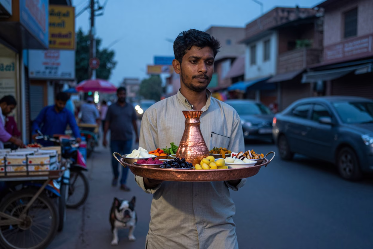 Blue Hour Delhi Street Scene with French Bulldog and Copper Mezze Tray in in Delhi, India