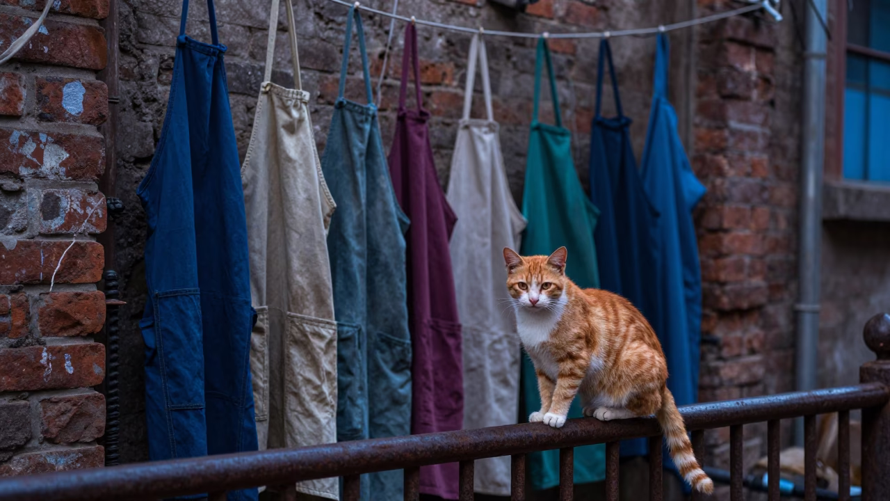 Blue Hour Delhi Street Scene with Ginger Cat and Hanging Aprons in in Delhi, India