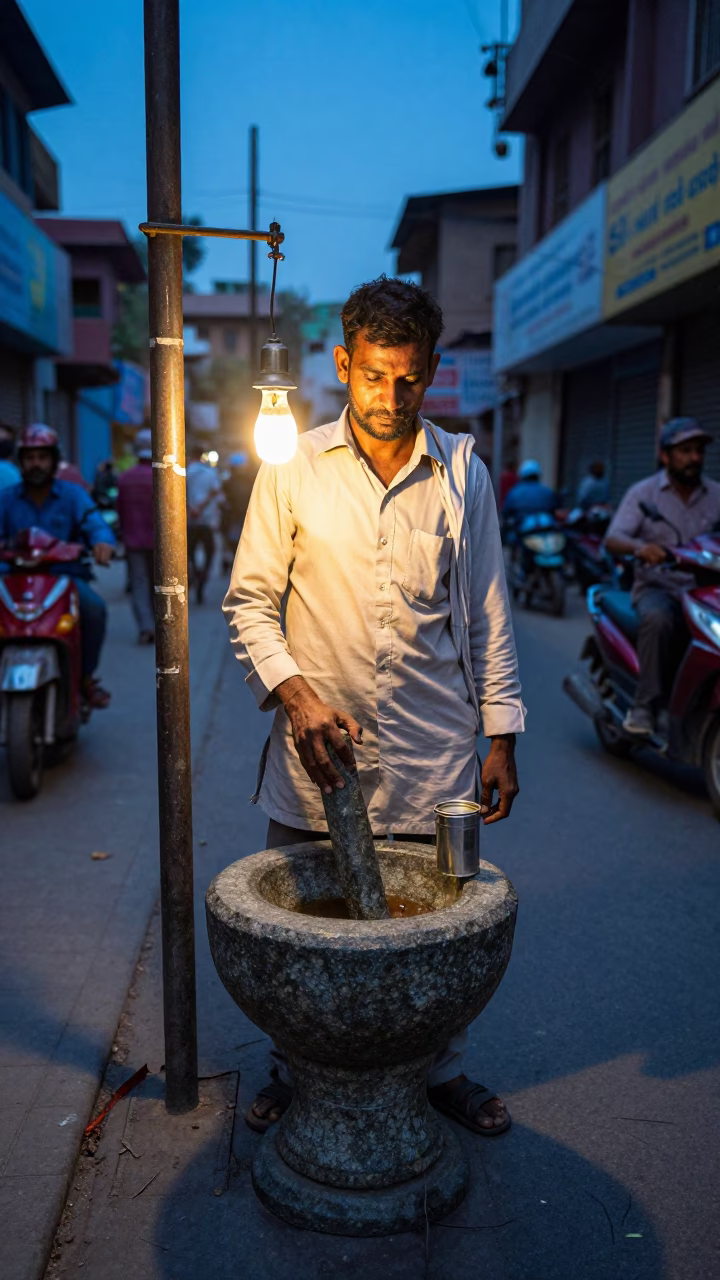 Blue Hour Delhi Street Vendor With Mortar Pestle And Coffee Tin in in Delhi, India