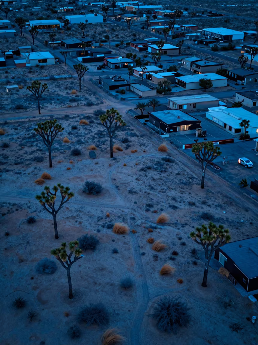 Blue Hour Desert View with Joshua Trees in high above patterned rooftops in Mongolia