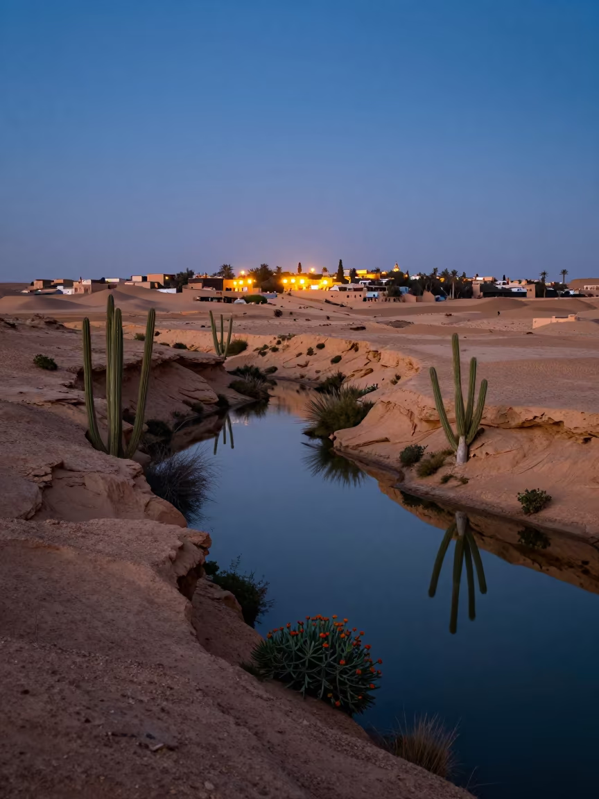 Blue Hour Desert Wash with Cacti in across a wide valley floor near Majorelle, Marrakech