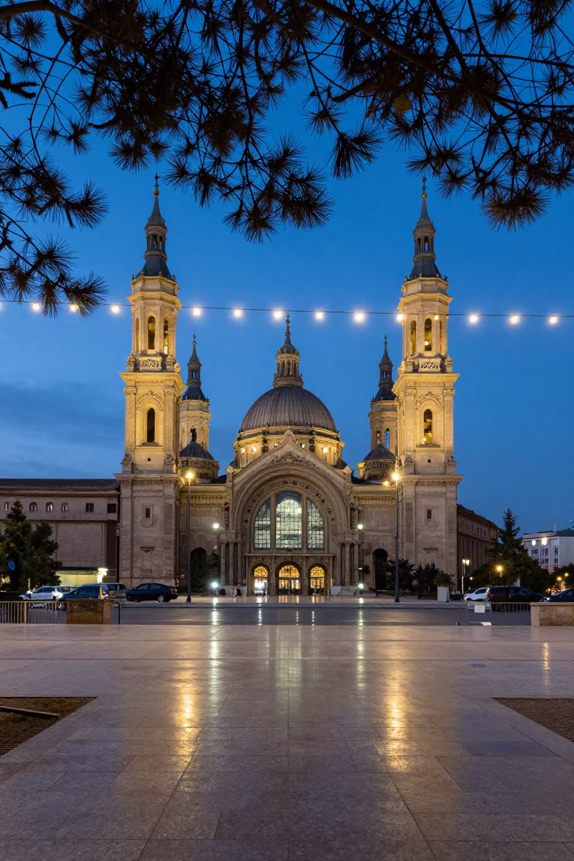 Blue Hour Double Exposure Pine Branches City Towers in inside a restored train terminal in Zaragoza