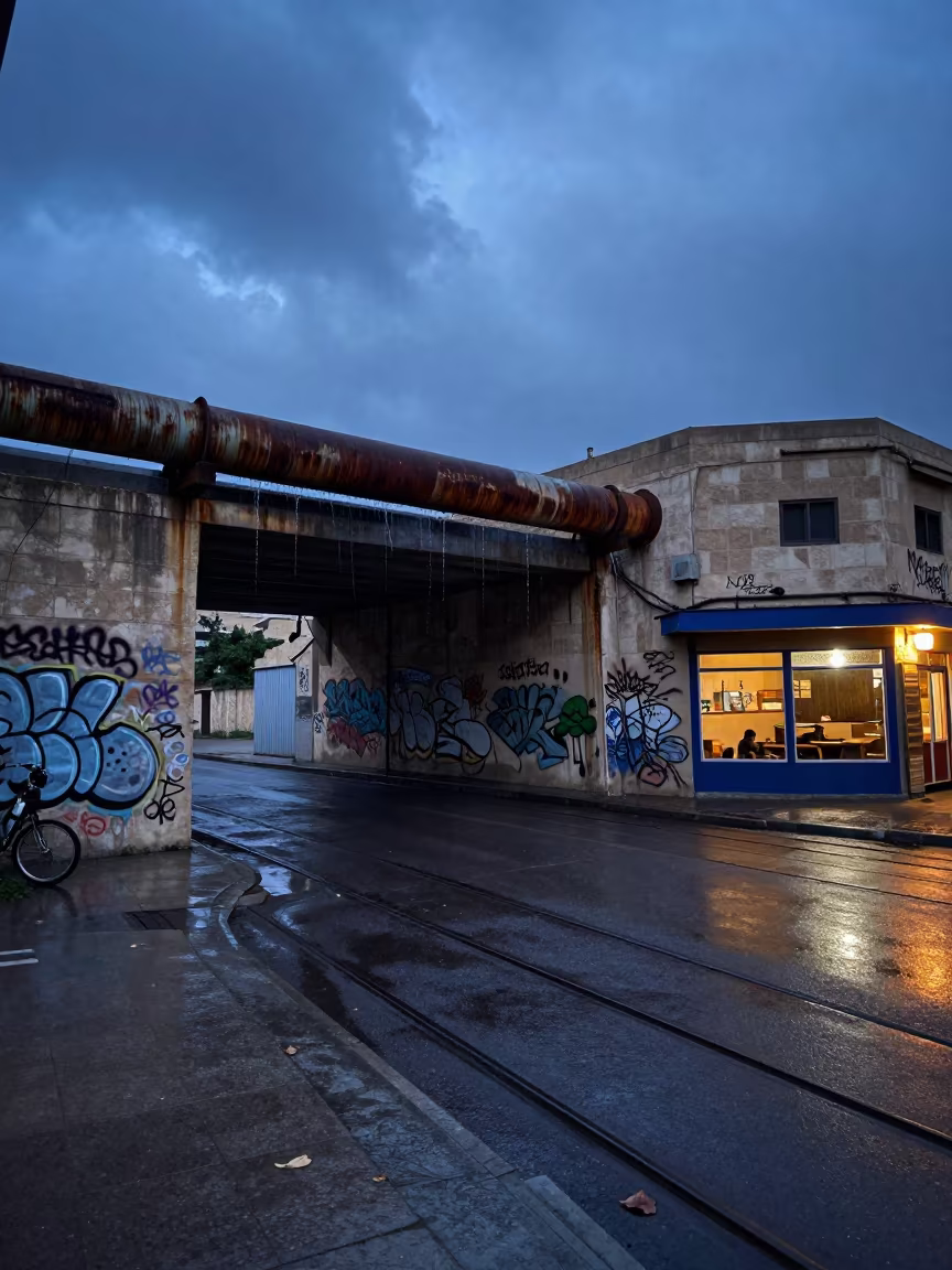 Blue Hour Drips on Graffiti Bike Tracks in outside a corner cafe in Kafr el-Dawwar