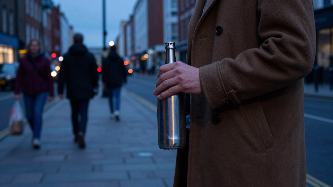 Blue Hour Dublin Street Scene with Brushed Steel Bottle and Urban Ambiance in in Dublin, Ireland