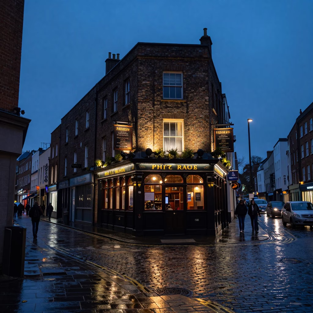 Blue Hour Dublin Street Scene with Traditional Pub Sign and Wet Cobblestones in in Dublin, Ireland