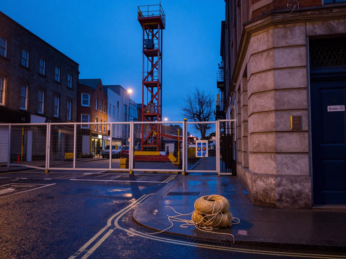 Blue Hour Dublin Street Scene with Twine Fibers and Construction Gate in in Dublin, Ireland