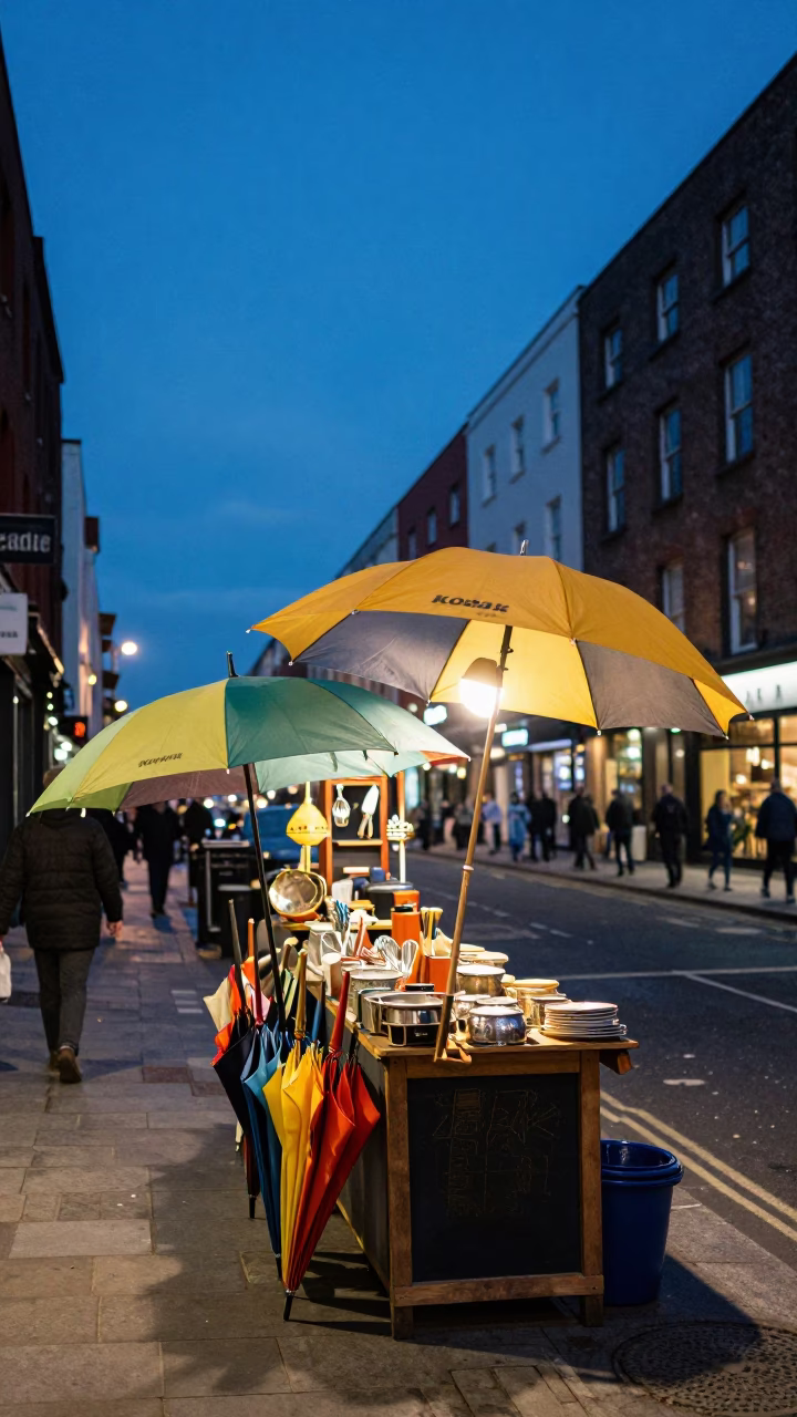 Blue Hour Dublin Street Scene with Umbrellas and Vintage Cutlery Display in in Dublin, Ireland