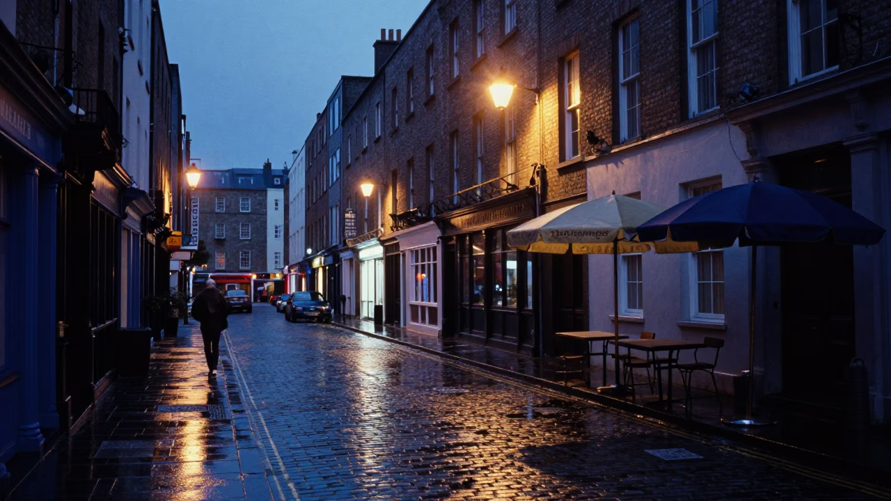 Blue Hour Dublin Street Scene with Vintage Umbrellas and Urban Architecture in in Dublin, Ireland