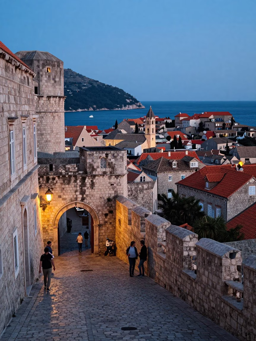 Blue Hour Dubrovnik Croatia Street Scene with Old Town Walls and Local Life in in Dubrovnik, Croatia