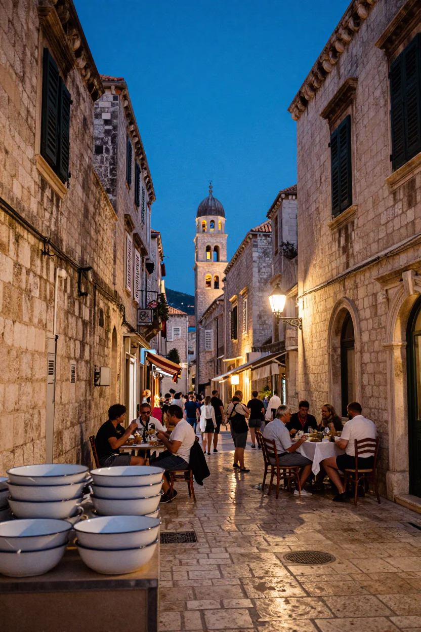Blue Hour Dubrovnik Old Town Street Scene with Enamel Bowls and Local Dining in in Dubrovnik, Croatia