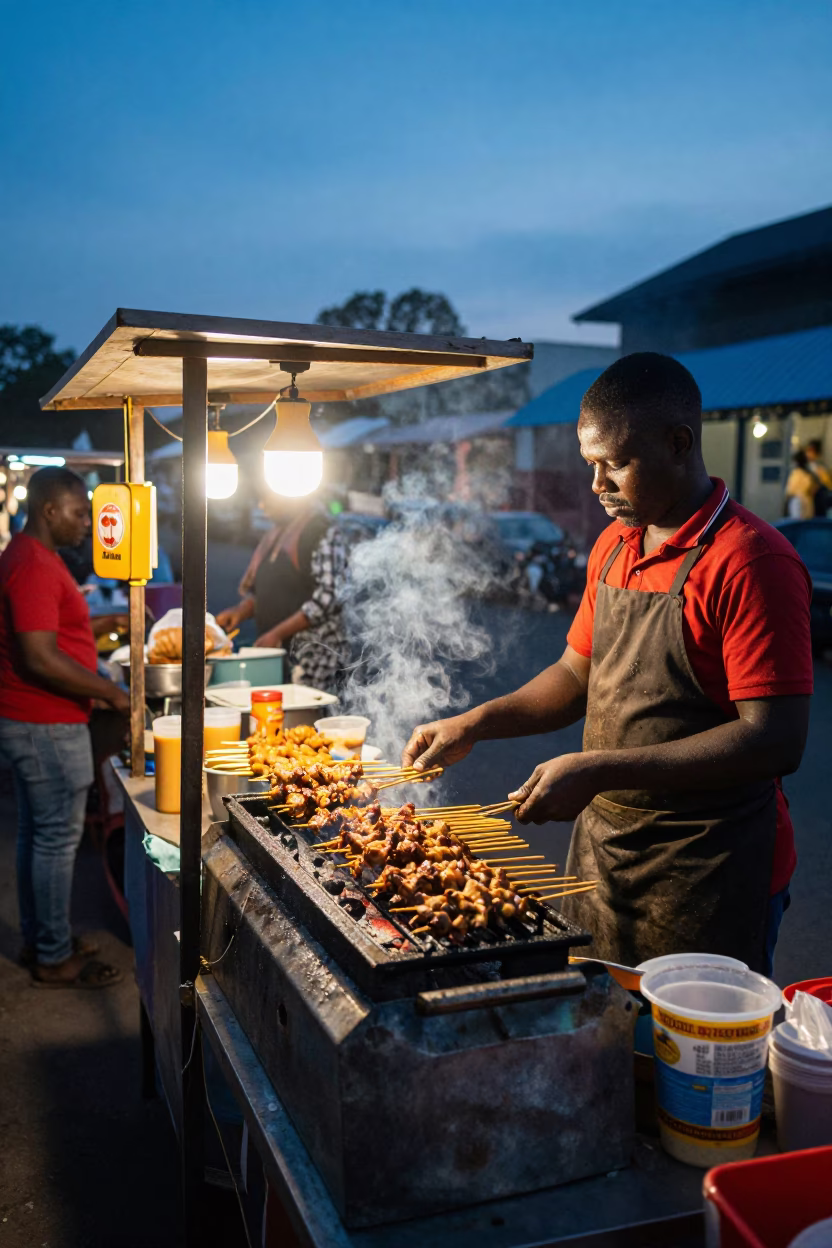 Blue Hour Durban Street Food Stall Satay Skewers and Peanut Sauce in in Durban, South Africa