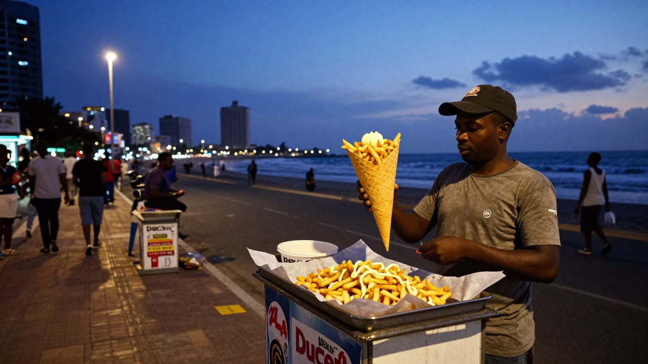 Blue Hour Durban Street Scene with Paper Frites and Mayonnaise Cone in in Durban, South Africa