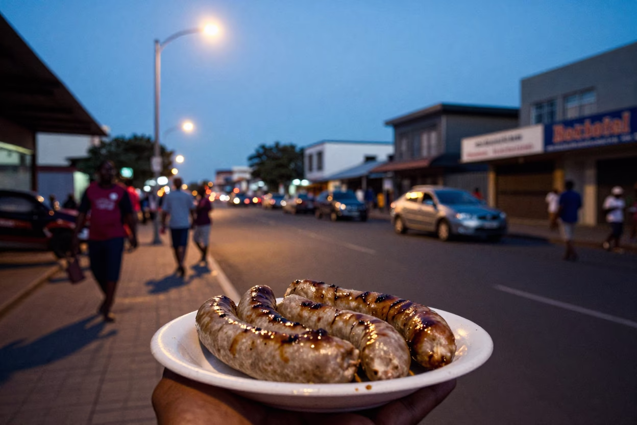 Blue Hour Durban Street Scene with Plate of Braai Boerewors and Pap in in Durban, South Africa
