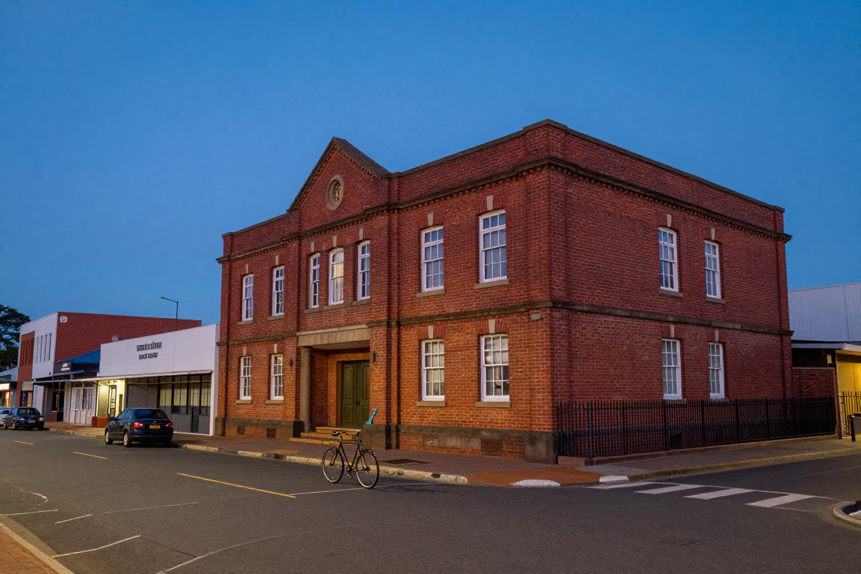 Blue Hour Durban Street Scene with Red Brick Building and Bicycle Rack in in Durban, South Africa