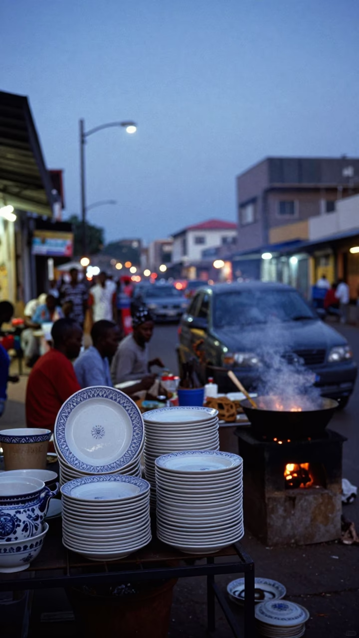 Blue Hour Durban Street Scene with Stacked Plates and Vintage Majolica in in Durban, South Africa