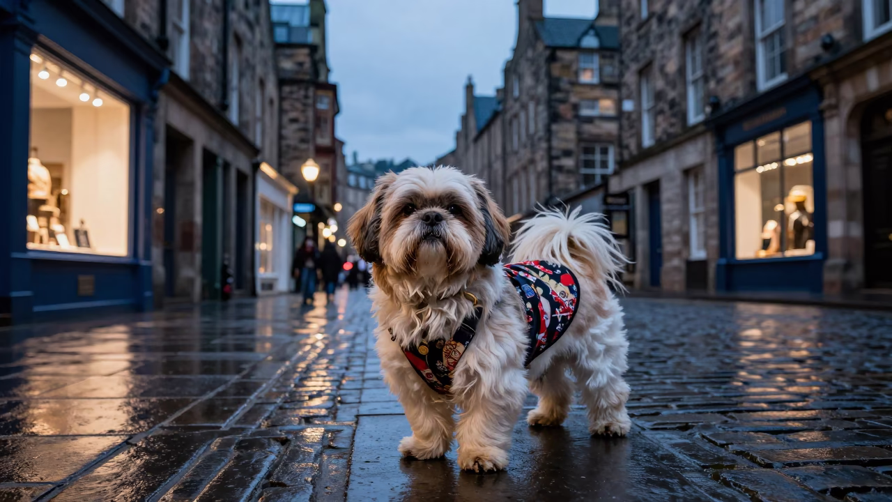 Blue Hour Edinburgh Street Scene with Shih Tzu and Vintage Fashion Elements in in Edinburgh, United Kingdom