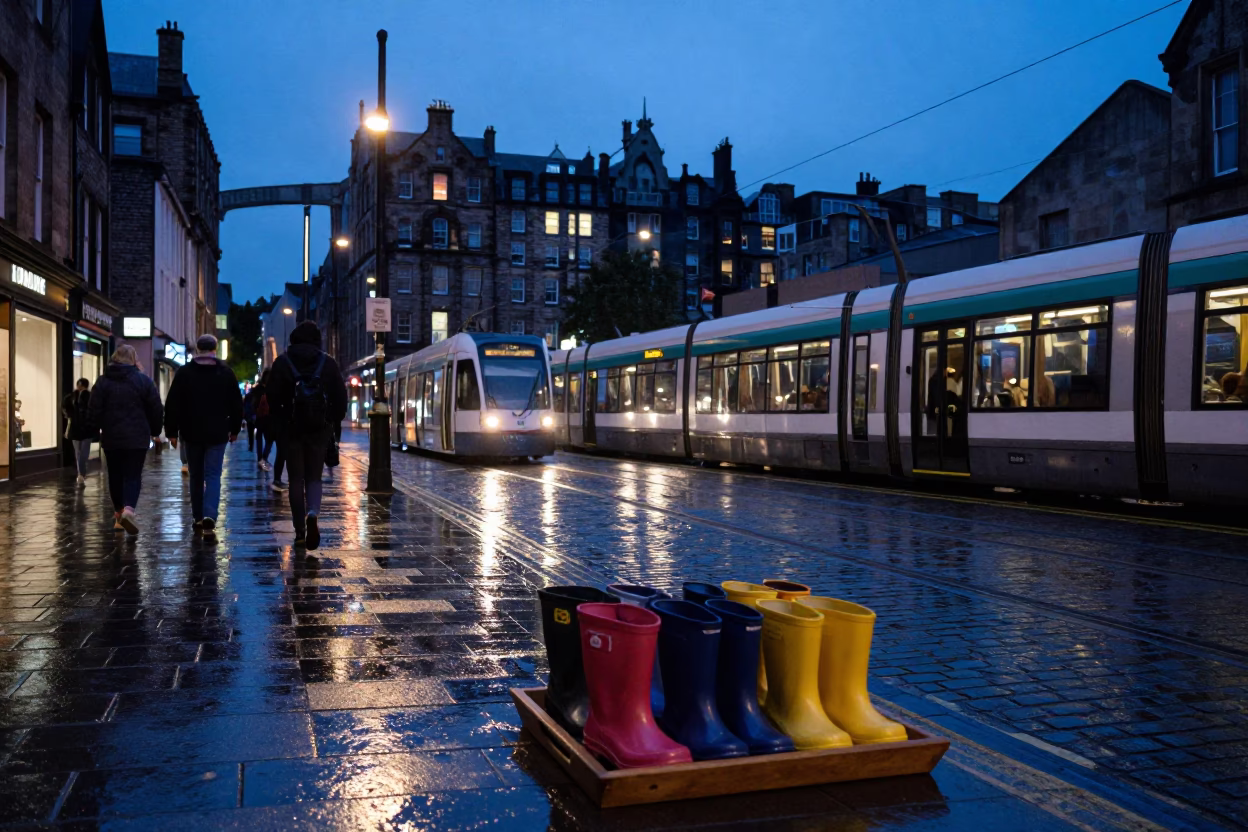 Blue Hour Edinburgh Street Scene with Tram and Rain Boots in in Edinburgh, United Kingdom