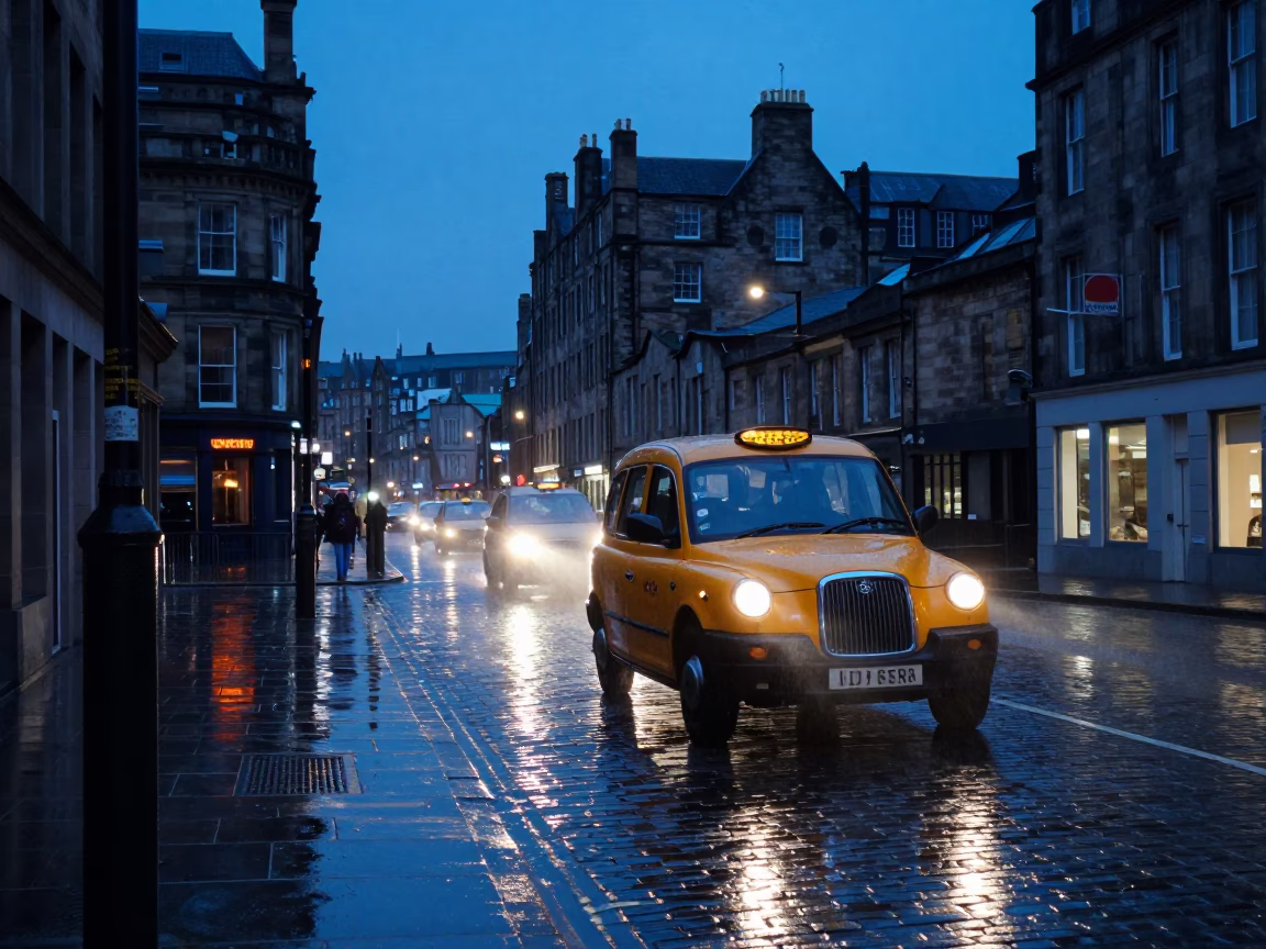 Blue Hour Edinburgh Street Scene with Yellow Taxi and Rain-Slicked Pavement in in Edinburgh, United Kingdom