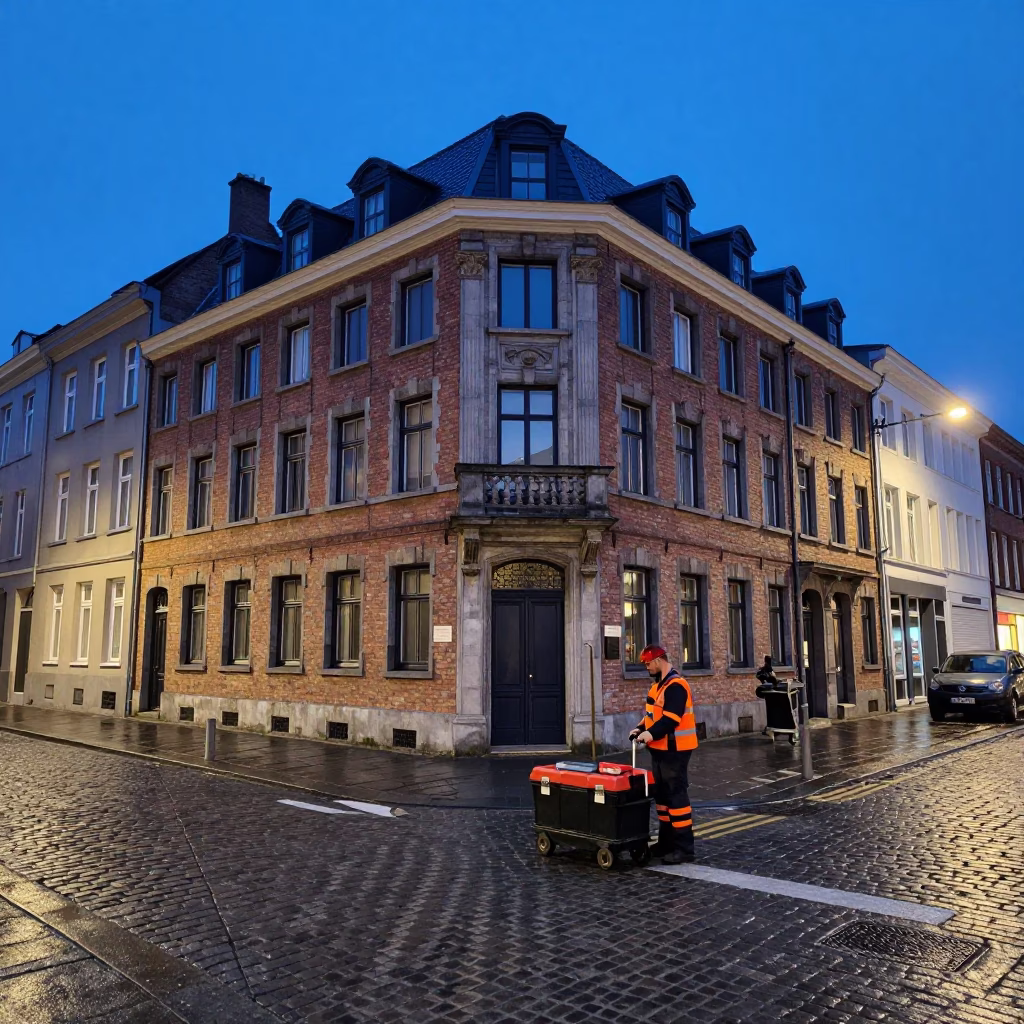 Blue Hour Evening in Brussels Belgium Street Scene with Toolbox and Urban Details in in Brussels, Belgium