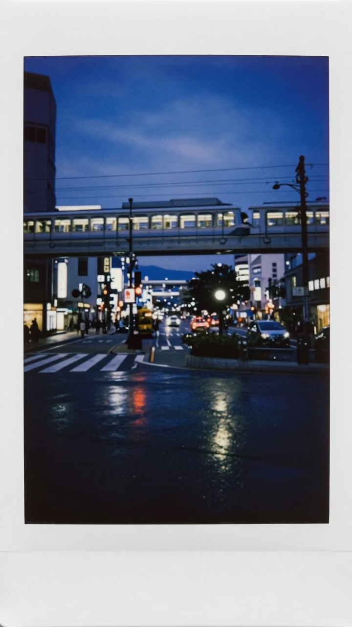 Blue Hour Evening in Fukuoka Japan Monorail Reflections and City Life in in Fukuoka, Japan