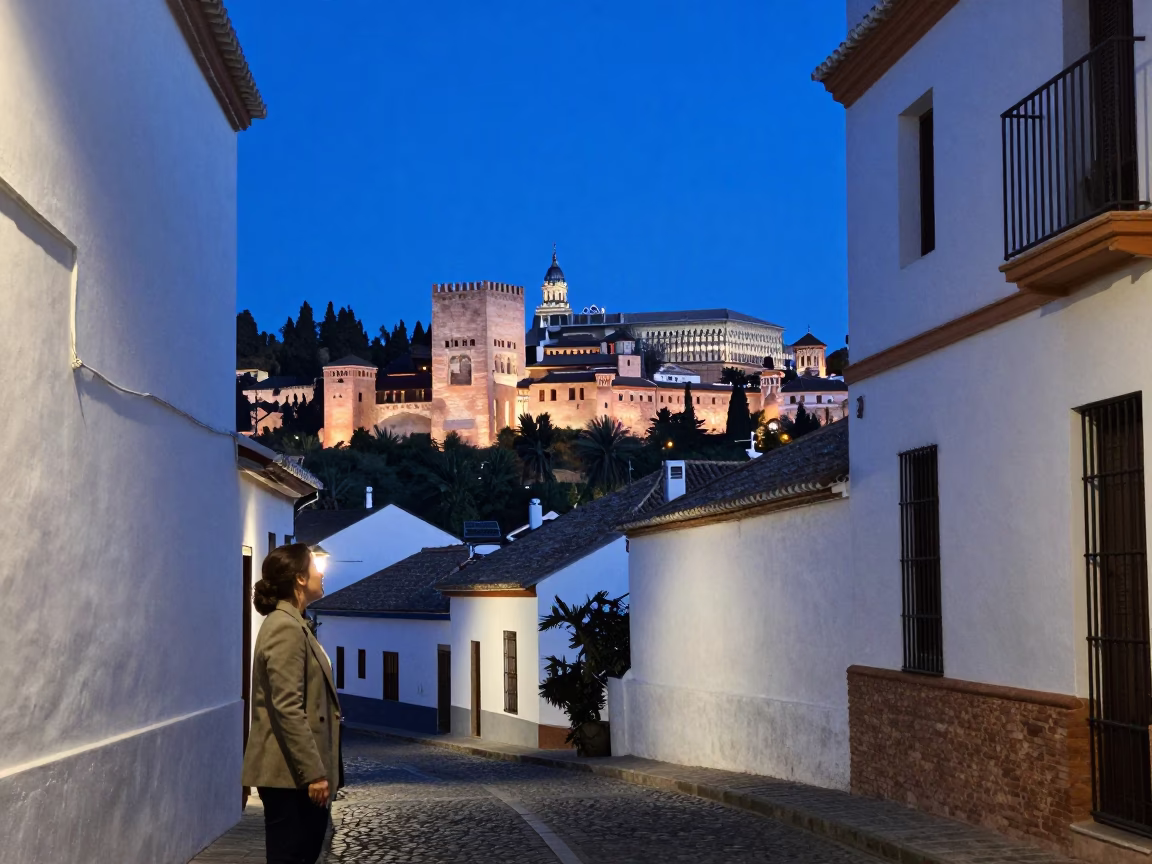 Blue Hour Evening in Granada Spain Alhambra View and Local Street Life in in Granada, Spain