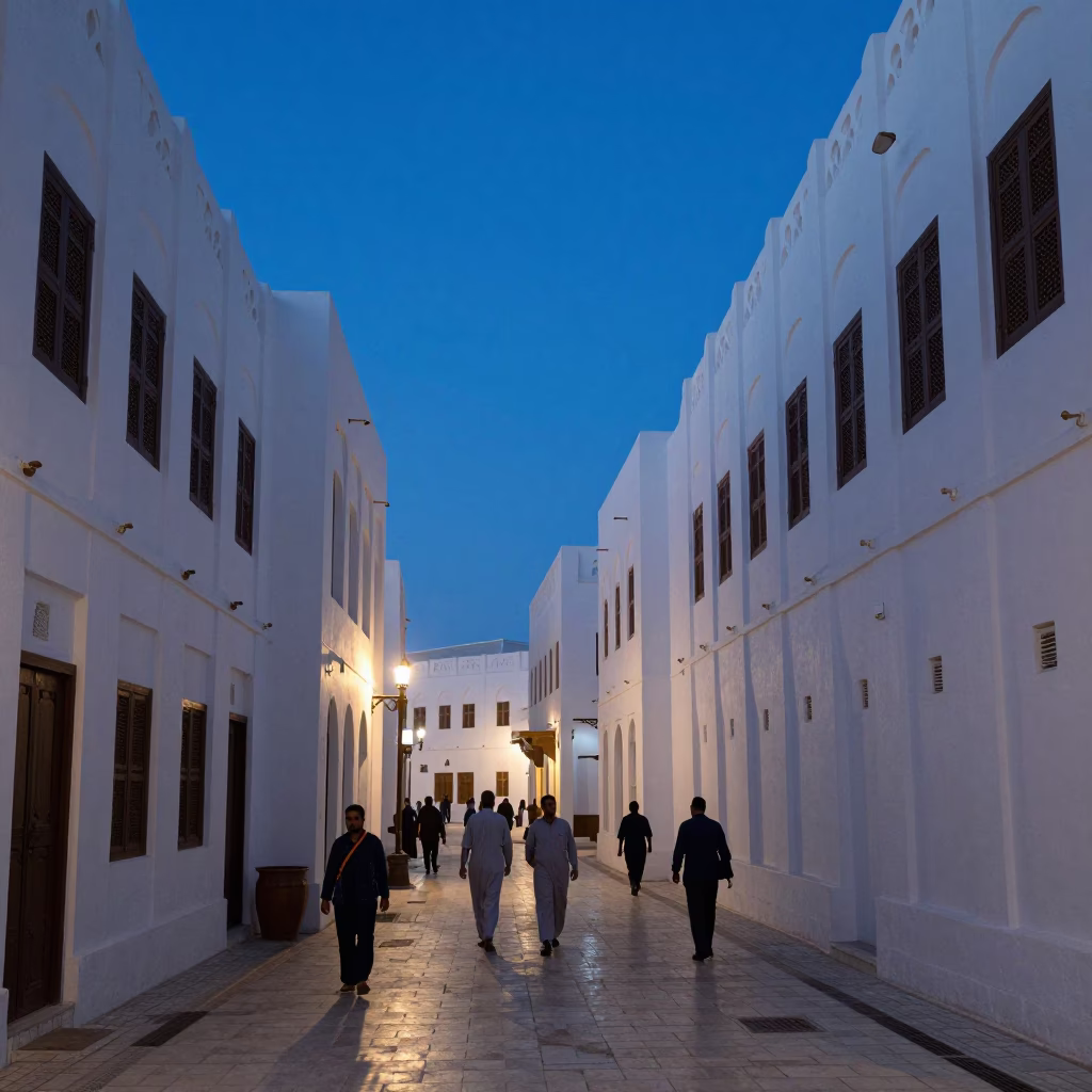 Blue Hour Evening in Muscat Oman Traditional Architecture and Street Life in in Muscat, Oman