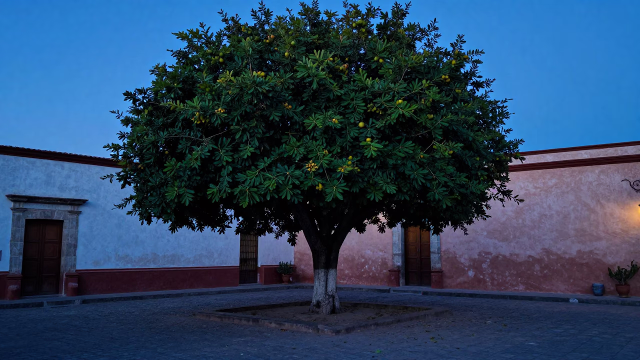 Blue Hour Evening in Oaxaca Mexico with Fig Tree and Scattered Petals in in Oaxaca, Mexico