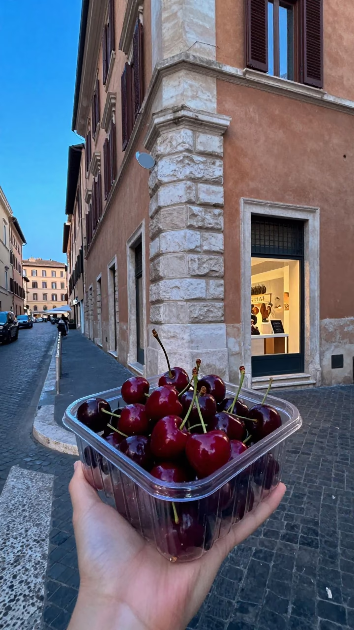 Blue Hour Evening in Rome Italy with Cherries on a Street Corner in in Rome, Italy