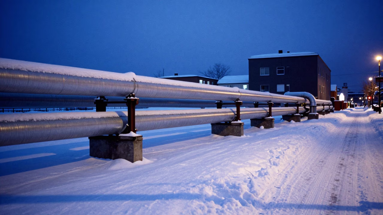 Blue Hour Evening in Sapporo Japan District Heating Pipes Crossing Snowy Ground in in Sapporo, Japan