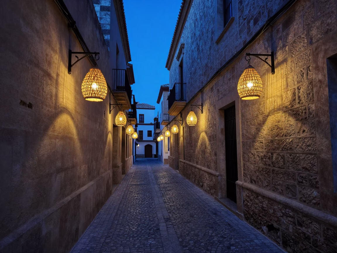 Blue Hour Evening in Valencia Spain Lantern Lit Alley and Rattan Chair in in Valencia, Spain