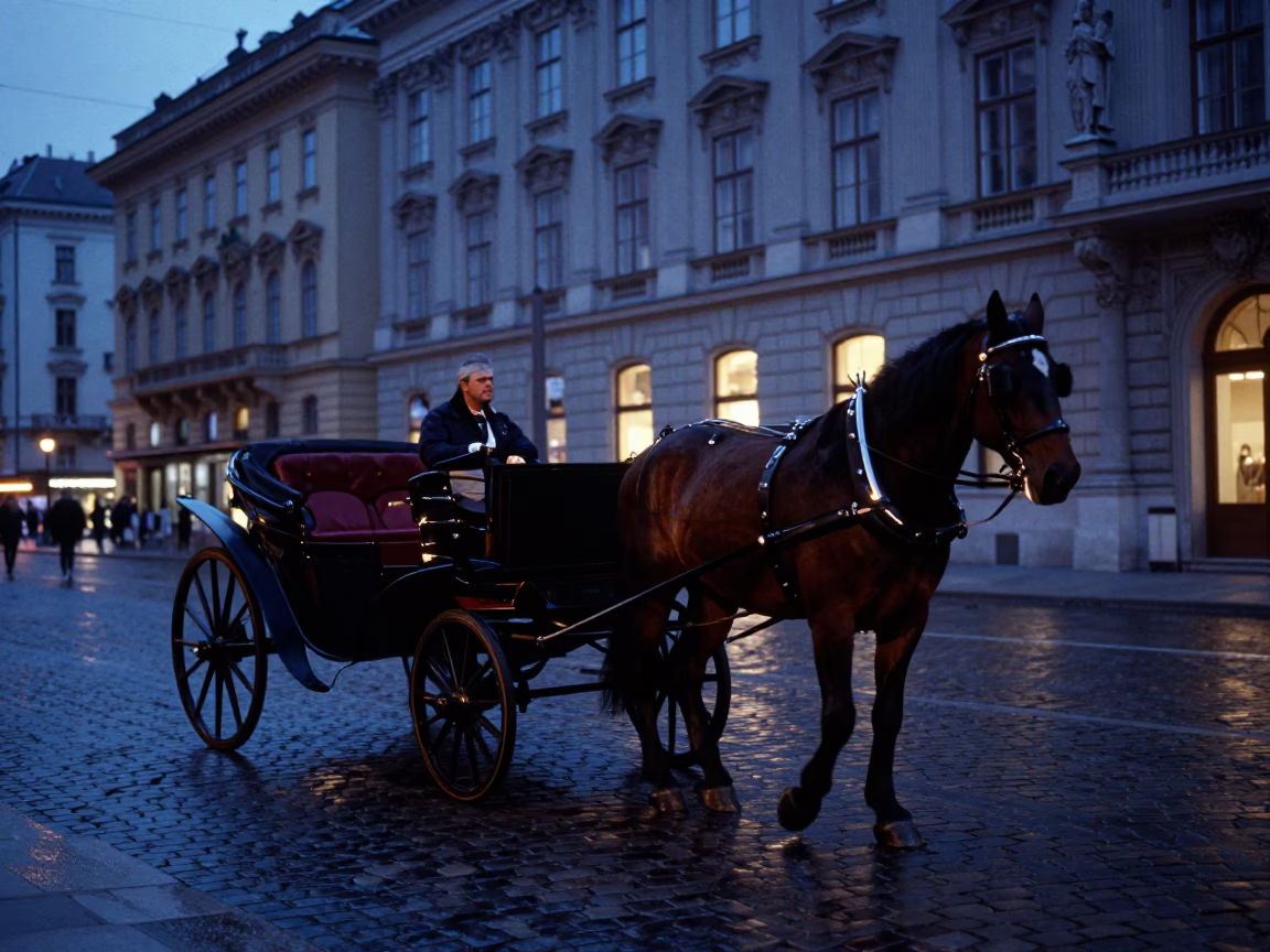Blue Hour Evening in Vienna Austria Horse Drawn Cart on Cobblestone Street in in Vienna, Austria