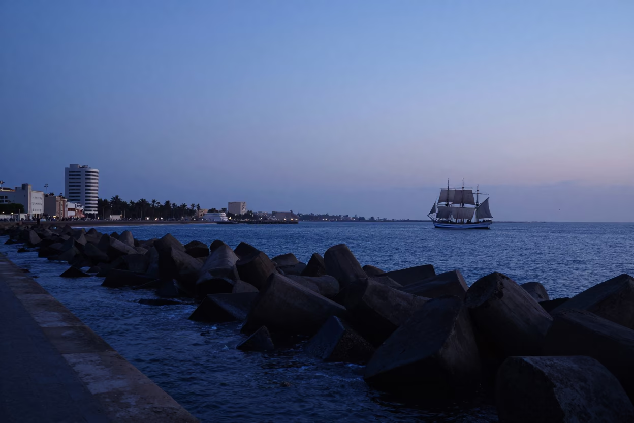 Blue Hour Evening Light Over Dakar Harbor Breakwater and Coastal Skyline in in Dakar, Senegal