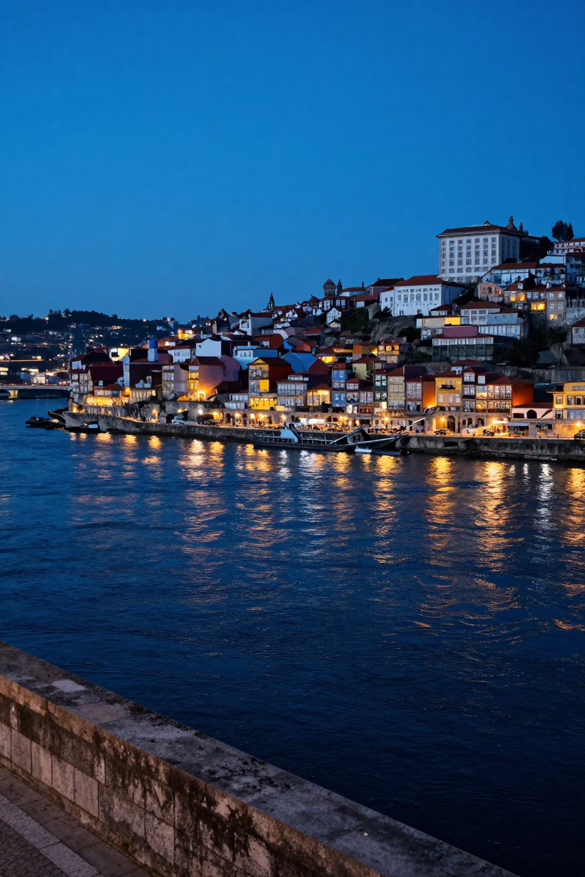 Blue Hour Evening Light Over Porto Portugal Riverfront and Historic Architecture in in Porto, Portugal