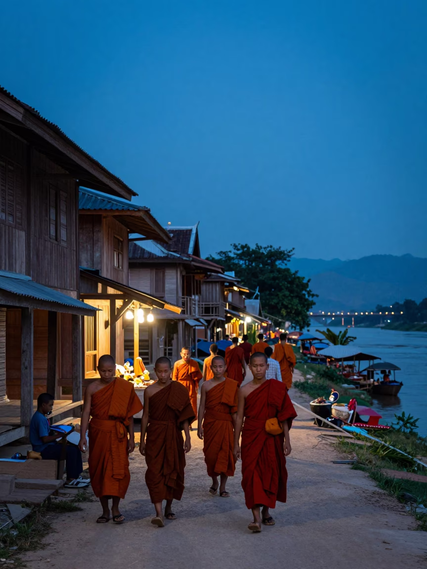 Blue Hour Evening Street Scene in Luang Prabang Laos with Monks and Local Vendors in in Luang Prabang, Laos