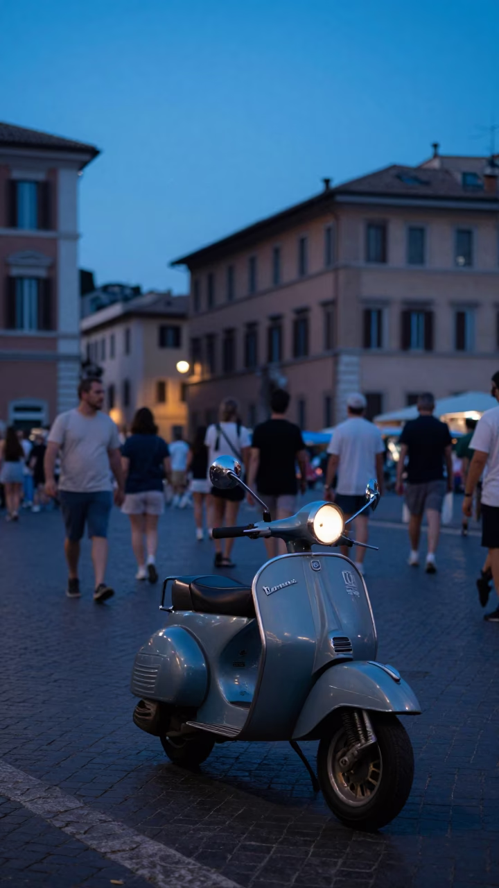 Blue Hour Evening Street Scene in Rome Italy with Vintage Scooter and Local Diners in in Rome, Italy